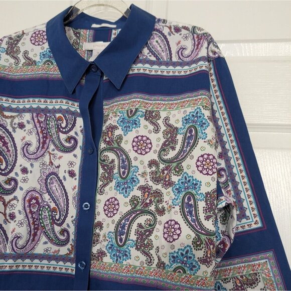 Chicos 3 Paisley No Iron Shirt Womens Size XL Blue Floral Window Pane Button Up - Picture 2 of 9